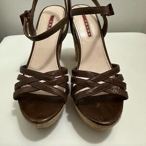 Prada Women's Brown Leather Raffia Cork Wedges